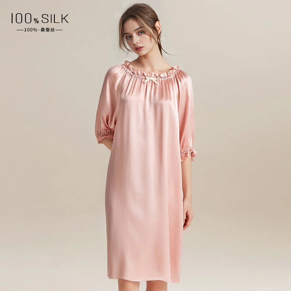 100% Mulberry Silk Fashion Long Nightgowns Casual Loose Sleepwear Women's Puff Sleeve Home Wear Nightdress Lovely Lingerie Dress