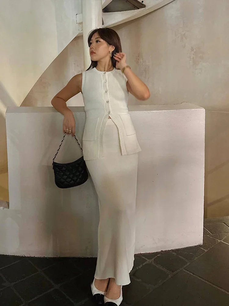 

Solid Knit Skirt Suits Women Chic O Neck Sleeveless Single Breasted Fake Pockets Vest Female Sets Summer Office Lady Outfit
