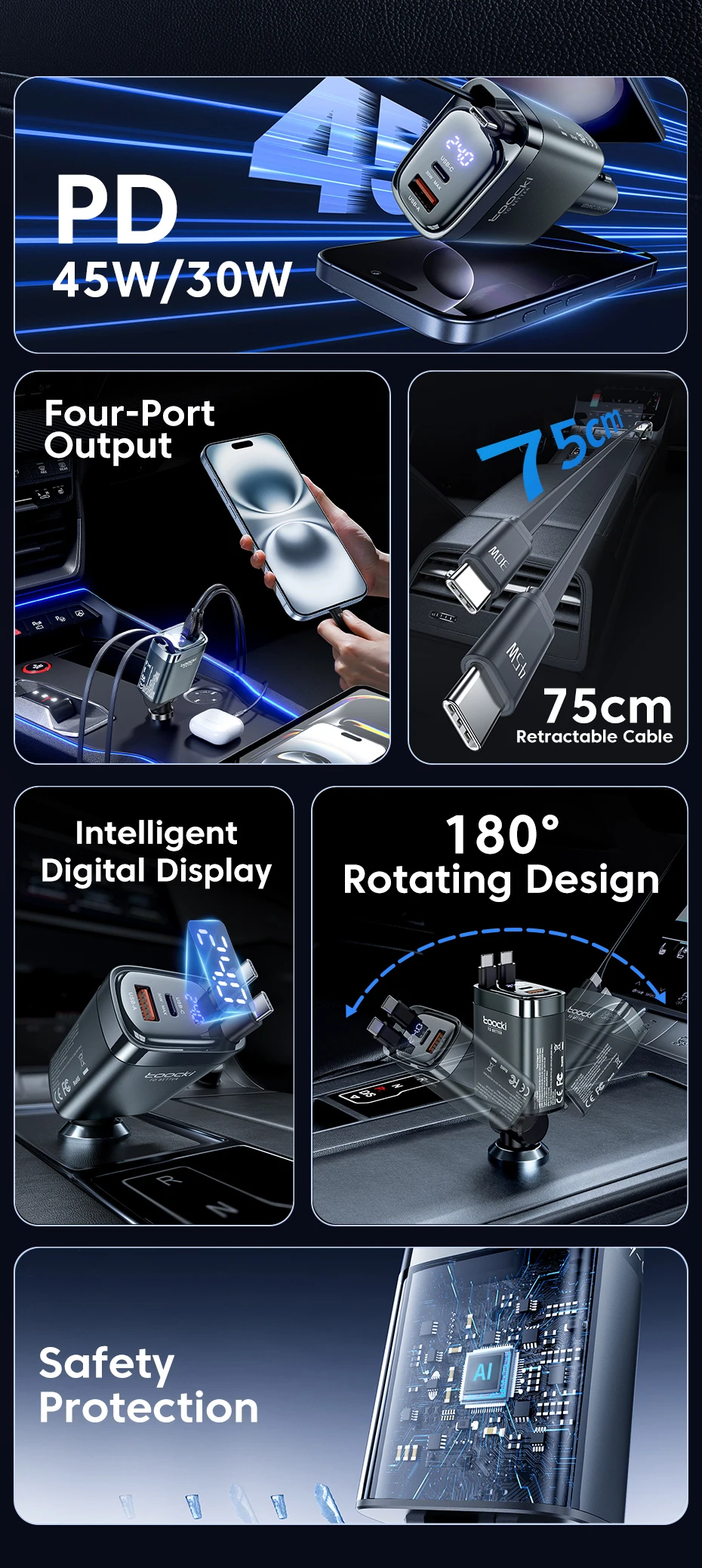 Toocki 4 IN 1 einziehbares Autoladegerät 105 W Handy-Ladegerät Typ C-Kabel für iPhone 16 15 Schnellladekabel Zigarettenadapter – Detail 2
