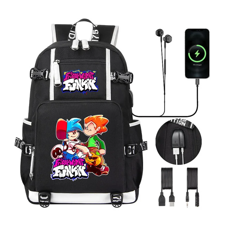 Crianças Mochila Sexta-feira Noite Funkin Cartoon Boy Girl School Bag Book Bag Grande Capacidade USB Mulher Homens Laptop Shoulder Bag