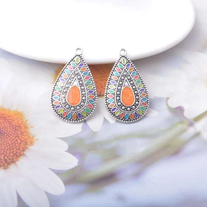 12pcs Bohemia Enamel Charms Antique Silvery Zinc Alloy Earrings Water Drop Pendant DIY Women's Jewelry Making image 4