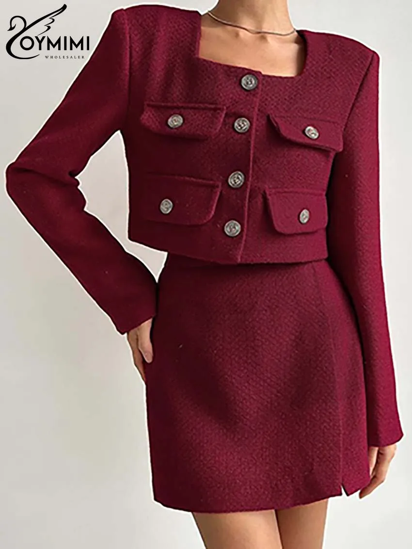 

Oymimi Fashion Wine Red Women's Two Pieces Set Elegant Square Neck Long Sleeve Button Pockets Shirts And Simple Mini Skirts Sets