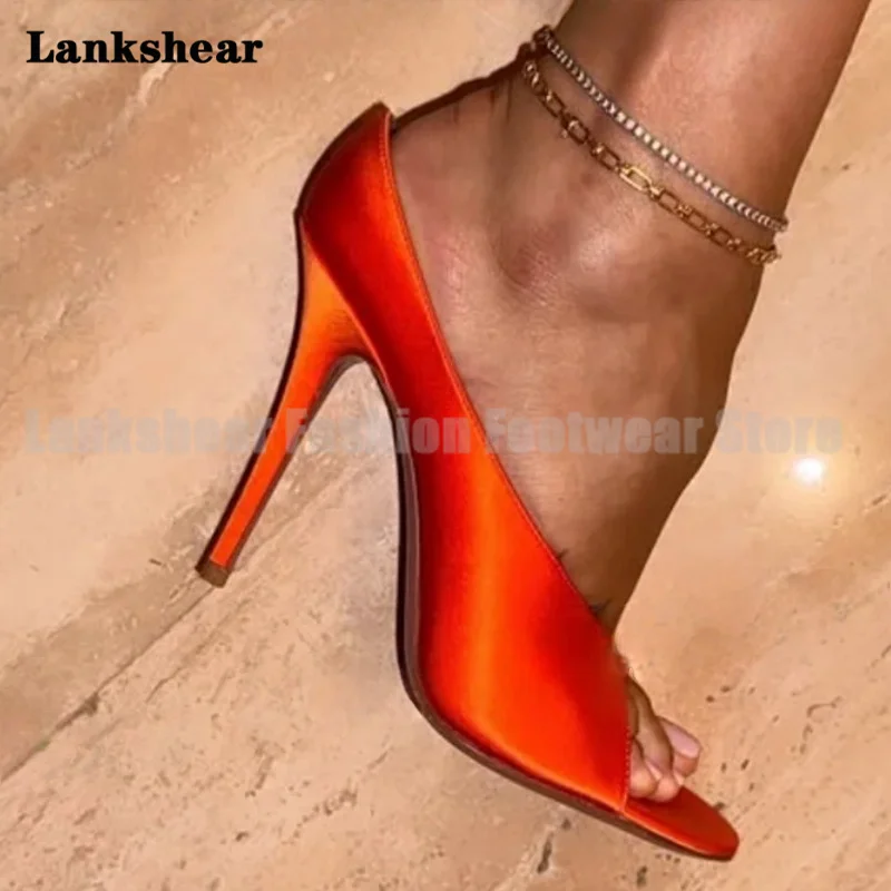 

Orange Satin Stiletto High Heels Women Shoes Summer Round Toe Slip-On Mules Slippers Party Elegant Sandalias De Mujer Verano