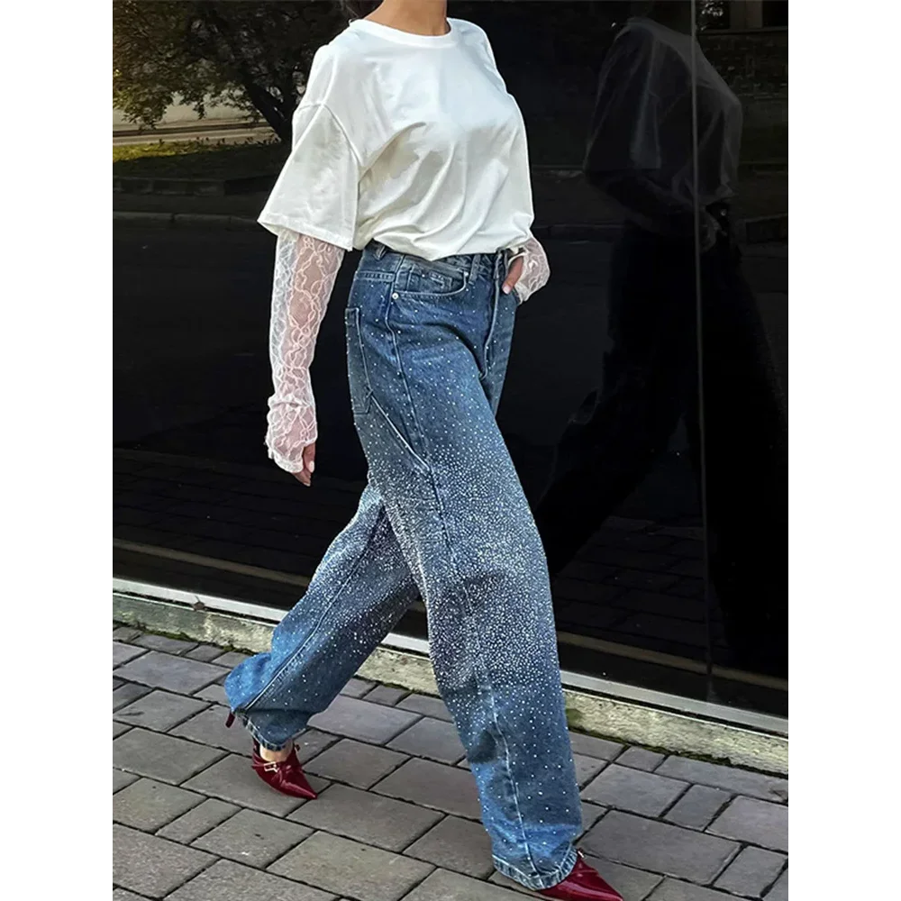 

Джинсы со стразами, женские винтажные повседневные мешковатые синие джинсовые брюки, женские брюки в стиле Харадзюку весна-лето 2025 года