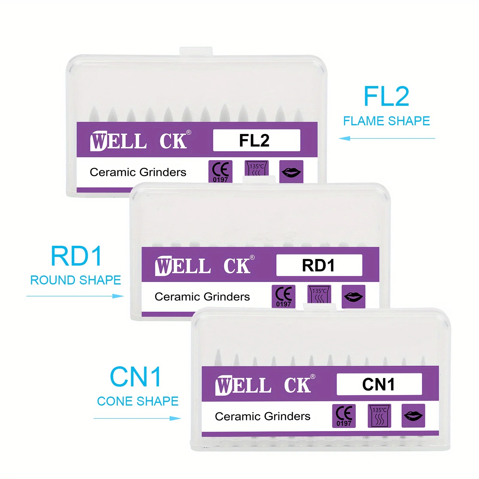 12pcs/box Dental White Stone CN1 FL2 Polishing Burs for Finishing Porcelain Enamel & Composite Resin Flame/Cone/Round Shape