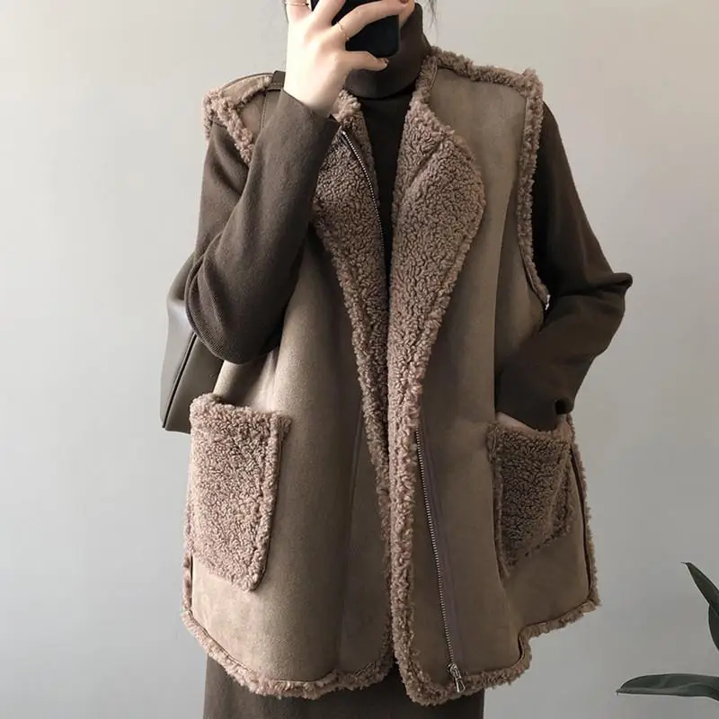 Korean style Women Faux Lamb Wool Vest Tops Sleeveless Winter Coat Gilet Femme Fashion Brown Jackets Thicken Outerwear