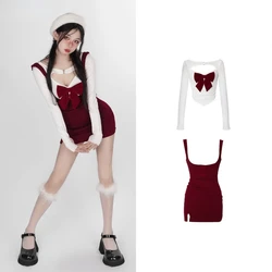 2023 Autumn and Winter Gentle Wind Sweet Hot Dress Girl Bowknot White Long Sleeve T-shirt Red Hip Wrap Dress Fashion Set Korean