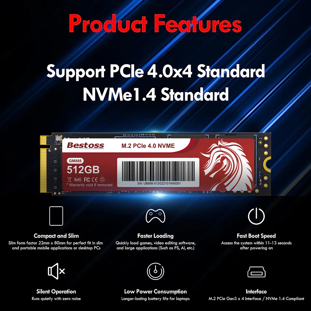 Bestoss M.2 NVMe PCIe 4.0x4 SSD 512GB 1TB 2280 7000MB/s SSD Unità a stato solido interna per computer da gioco fai da te PS5