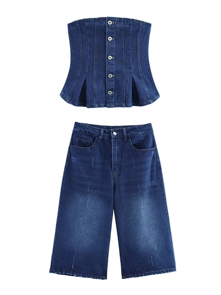 

Trendy Women's Capri Pants Denim Suit Set Slim Fit Sleeveless Tube Top Matching High Waist Baggy Jeans Summer Causal Outfits