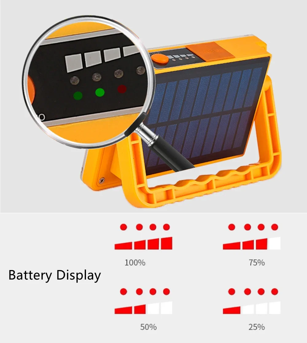 ポータブルLEDソーラースポットライト,ソーラーリフレクター,キャンプライト,USB充電式,バッテリー付き作業灯,ipx66ランタン,15000mAh