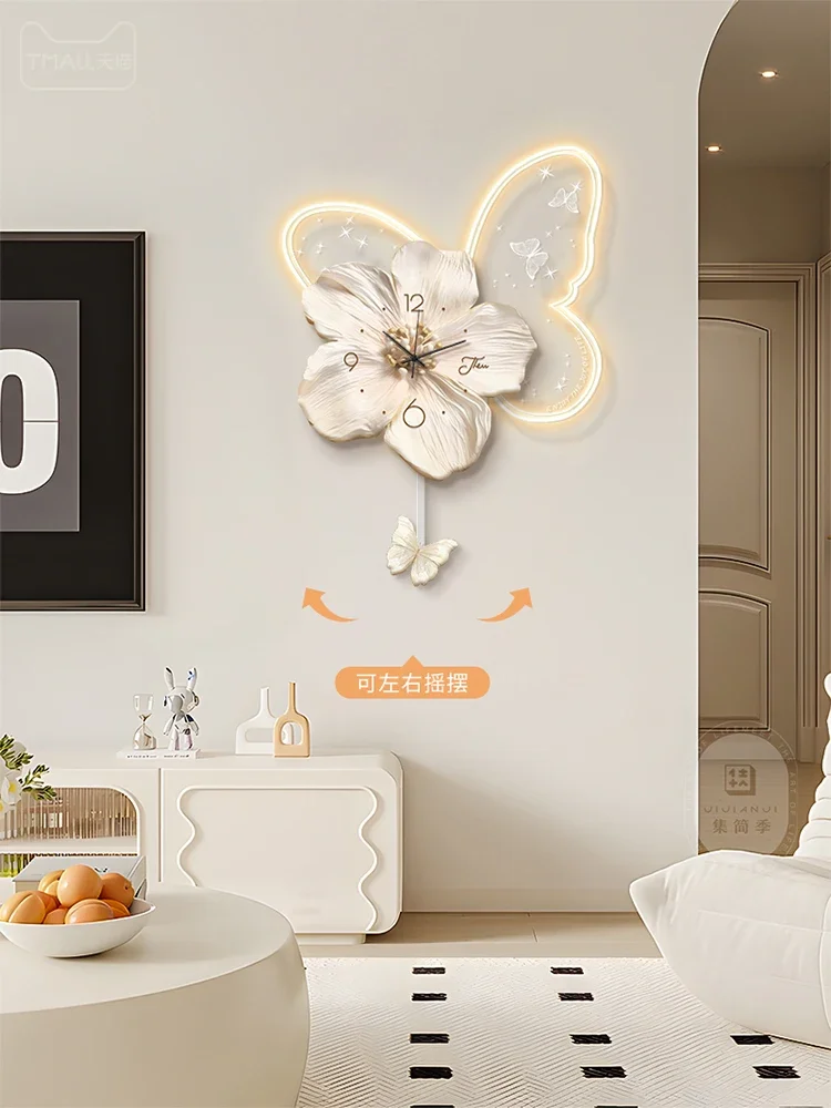 Cream Style Living Room Decoration with LED Light Wall Clock New Home Decor Creative Swinging Clock