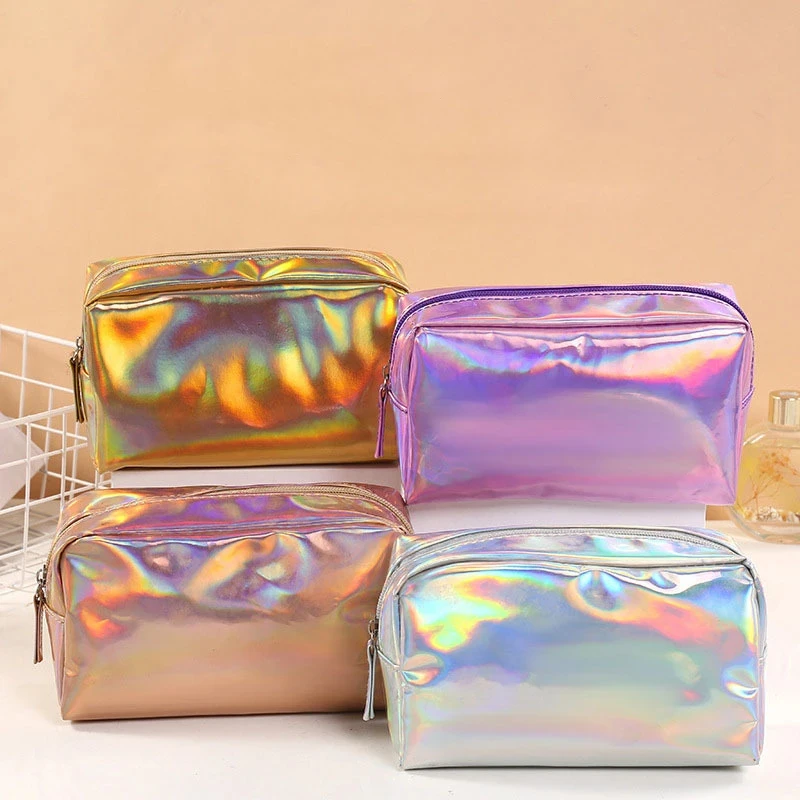 Fashion Solid Color Laser Cosmetic Bags Travel Portable Toiletries Storage Bags Large Capacity Makeup Bag Outdoor Toiletry Pouch