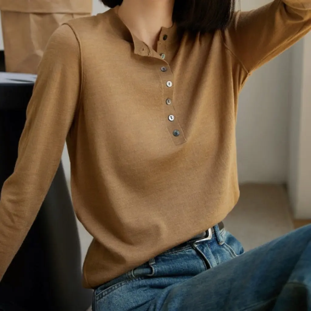 

Korean Style High-End Knit Top for Women Layering Spring Autumn Thin Loose Fit Slimming Versatile Faux Wool Long-Sleeve Solid
