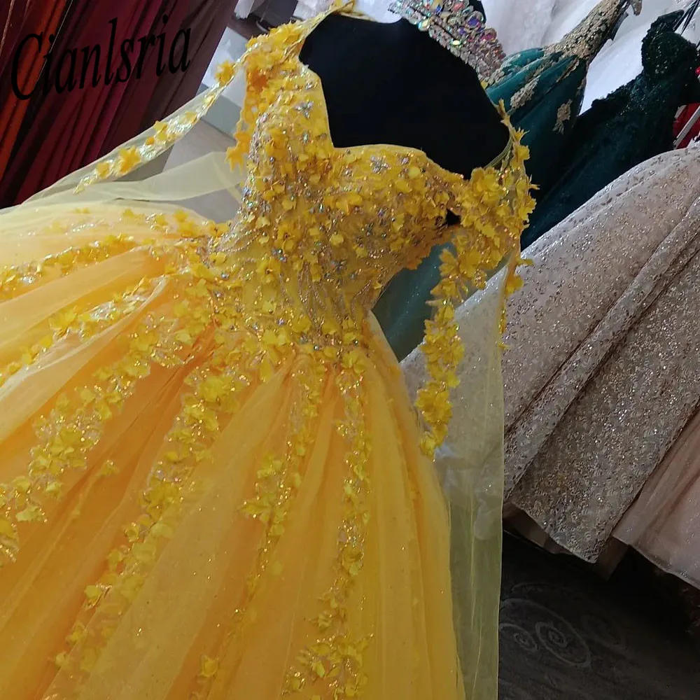 Yellow Quinceanera Dresses Appliques Long Train Flower Sweet 15 16 Years Birthday Party Prom Dress Pageant Miss Gala Custom Made