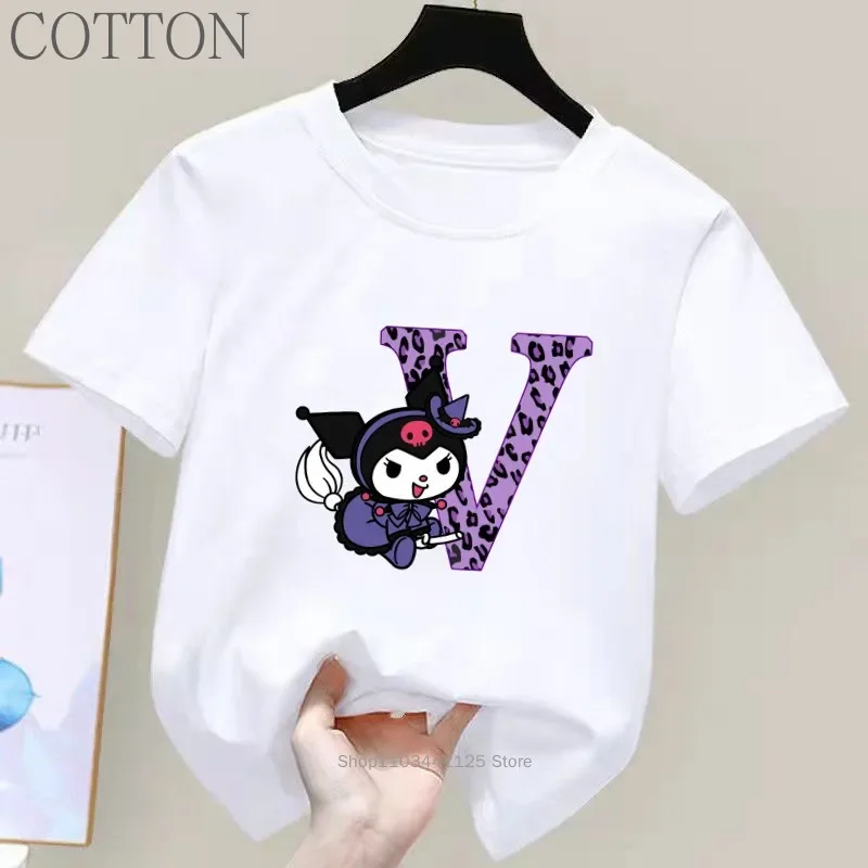 Kuromi Anime Letter A-Z Children\'s Short-sleeved New Sanrio Summer T-shirt Clothes Girly Heart Soft Clothes Kawaii Birthday Gift