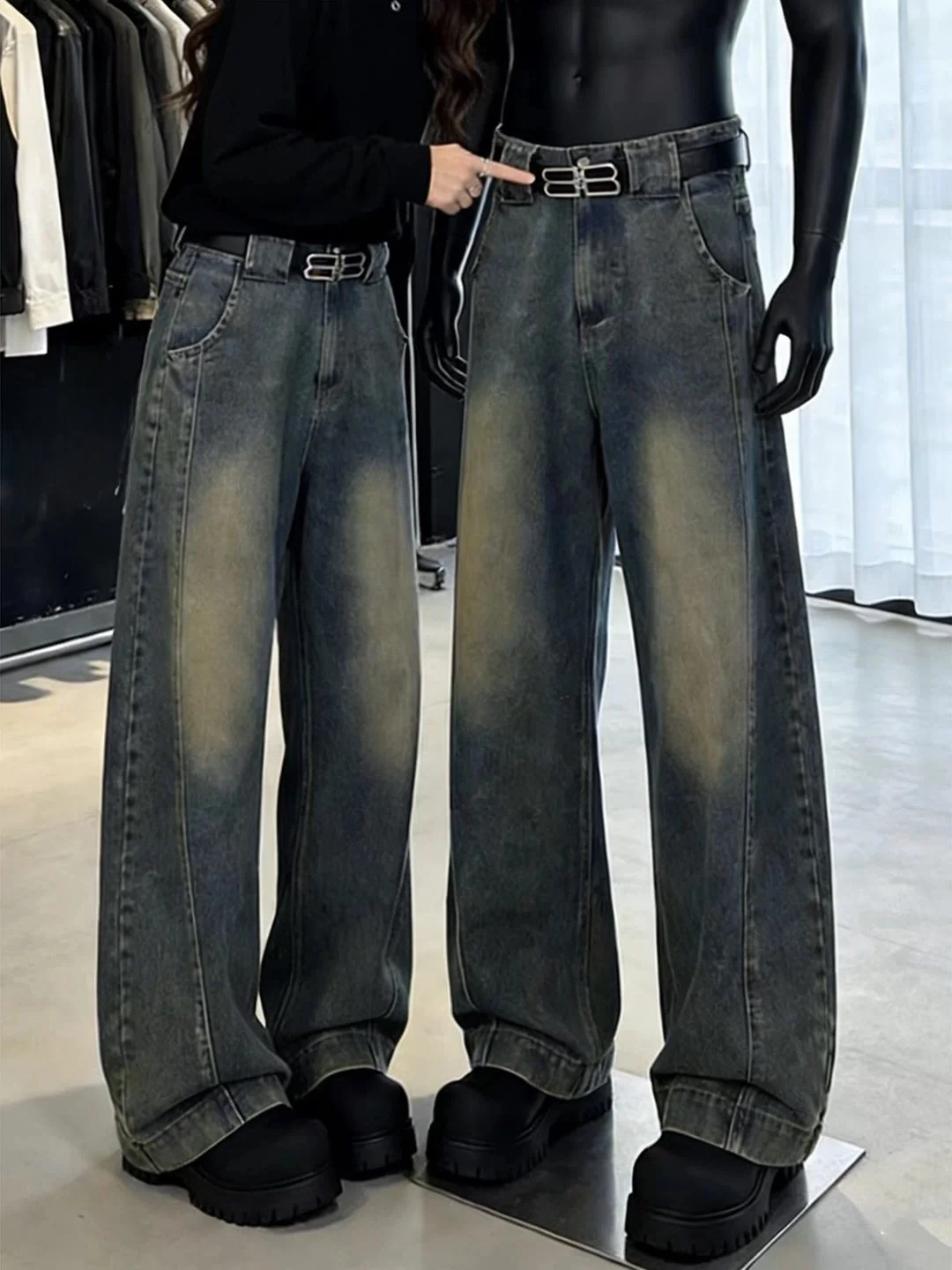 Retro Blue American Style Knife  Jeans Men's High Street Vibe Washed Wide Leg Casual Flared Straight Leg Pants