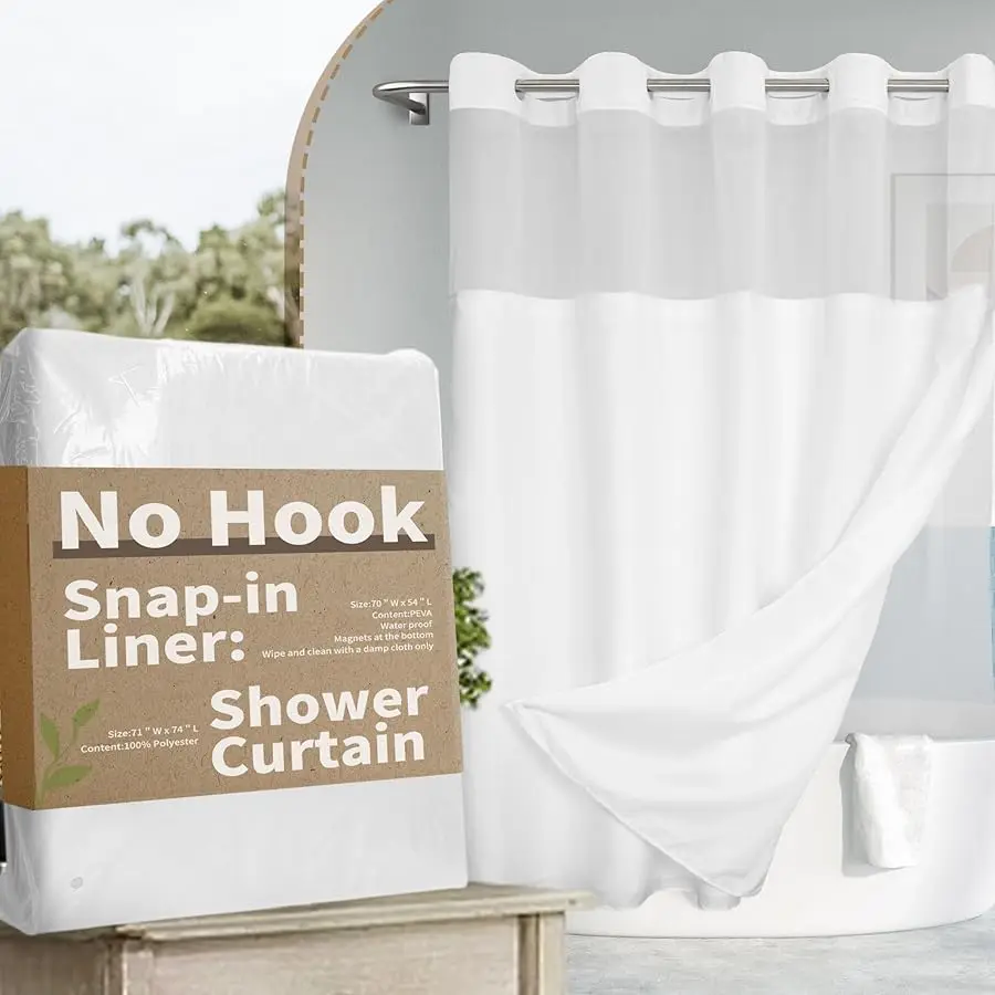 

No Hook Slub Textured Shower Curtain with Snap-in PE A Liner Set - 71" x 74"(72"), Hotel Style with See Through Top Window, Fabr