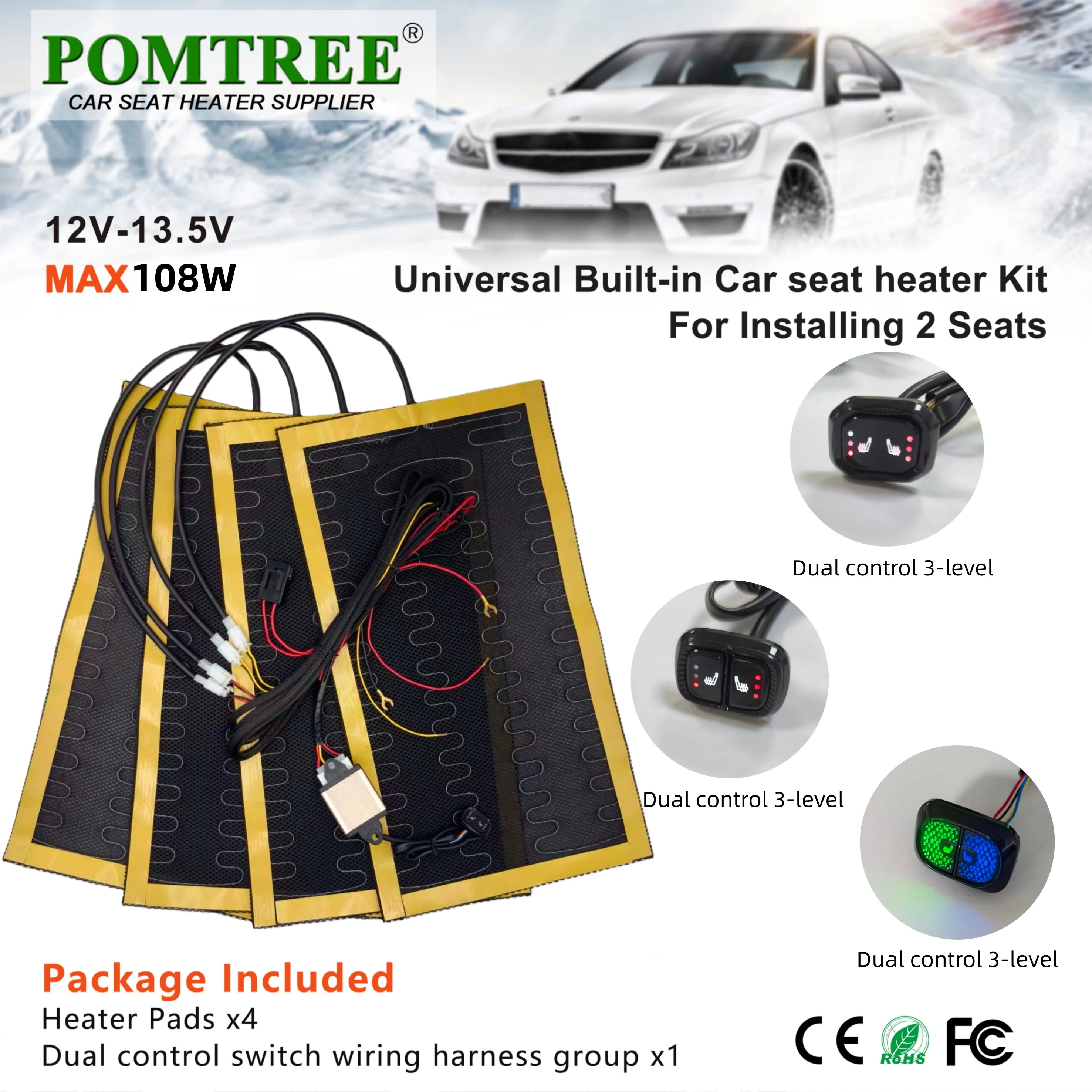 12V Universal Built-In Car Seat Heater Kit Fit 2 Seats,108W Black Alloy Wire Heating Pads 3 Levels Dual Control Switch System