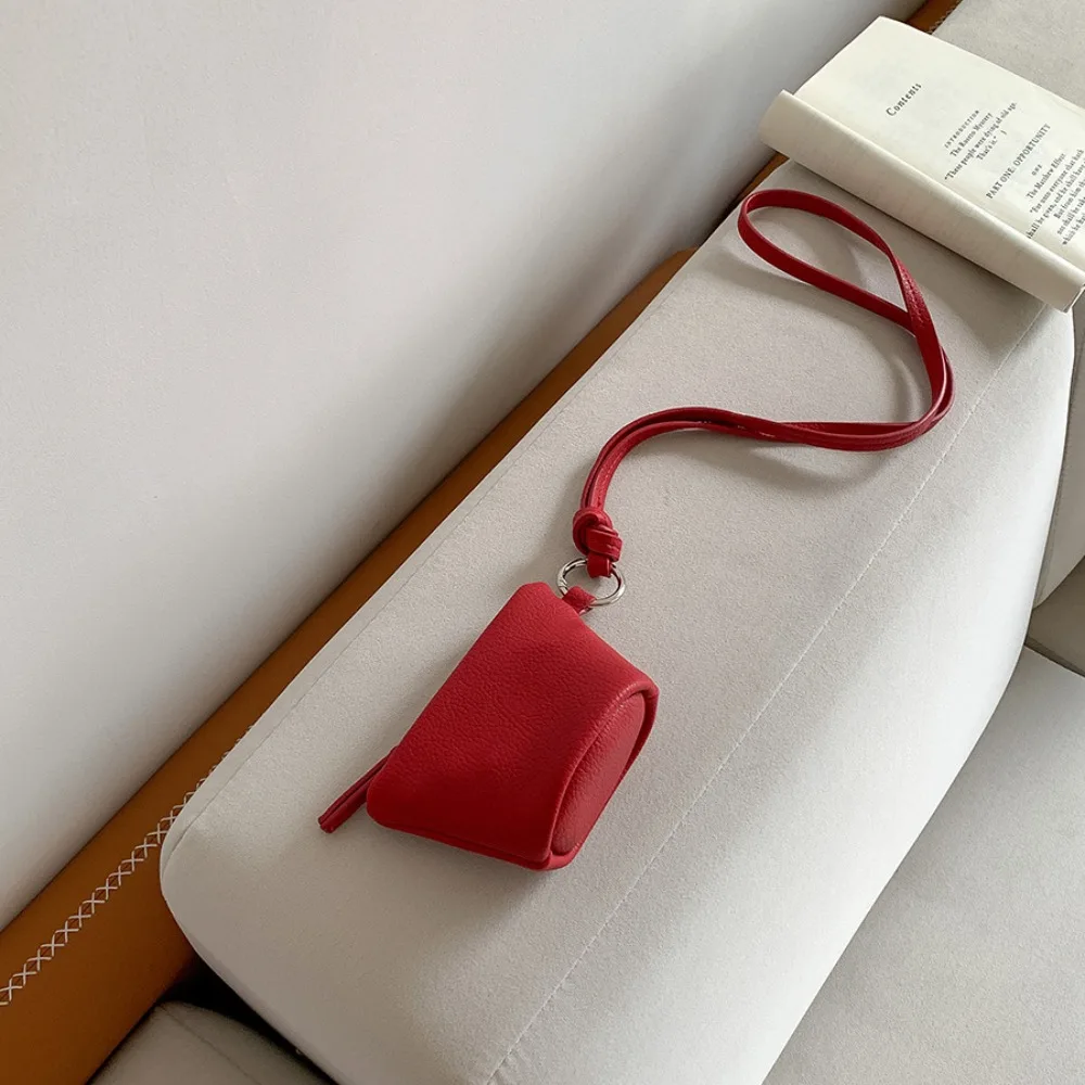 

PU Leather Hanging Neck Coin Purse Makeup Storage Lipstick Earphone Pouch Lanyard Wallet Purse Solid Color Pendant Accessories