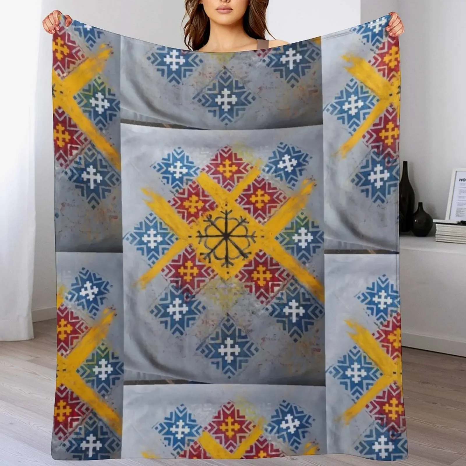 Latvian Power symbols : Sun and Morning Star Throw Blanket Cozy Home Blanket Gift for Christmas Holiday