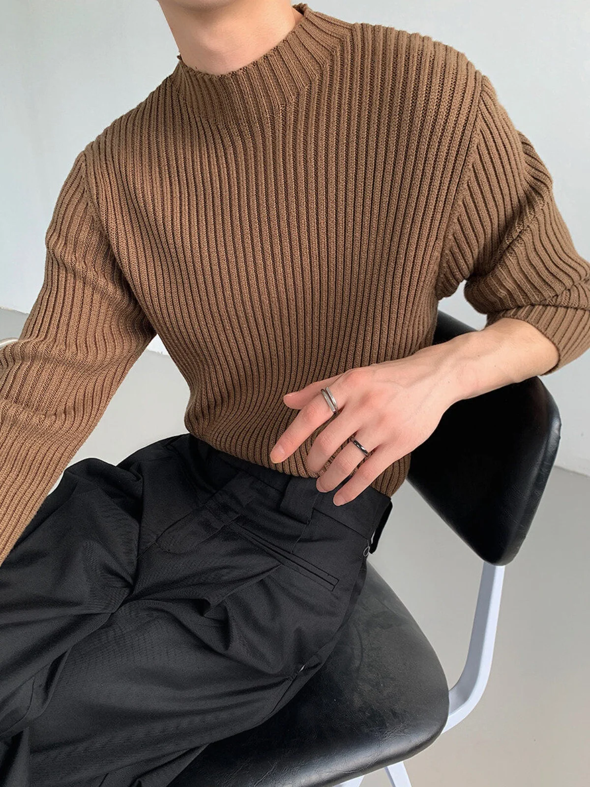 

Мужской трикотажный джемпер с высоким воротником Caramel Mid-Ne, базовый слой, американский ретро-стиль, длинный рукав, повседневный, однотонный