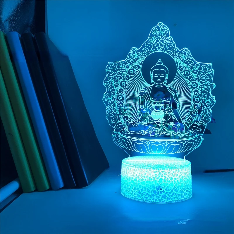 Luz de noche LED 3D budista, lámpara de mesa de oración de Buda, 7 colores que cambia de luz nocturna, decoración del dormitorio del hogar