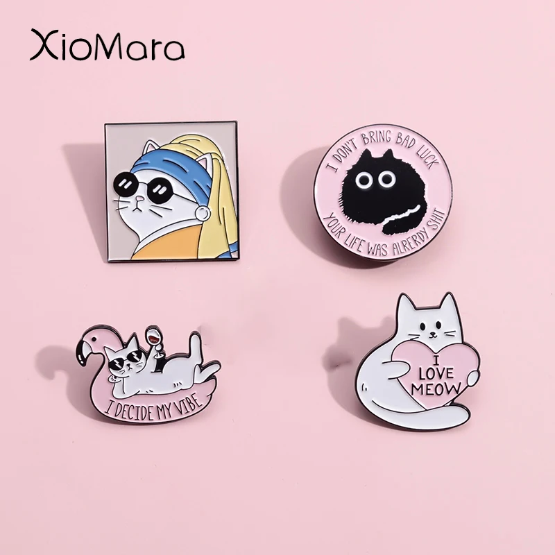 I Decide My Vibe Enamel Pin Custom Fun Oil Painting Cat Bring Bad Luck Meowie Brooches Lapel Badges Art Works Jewelry Gift