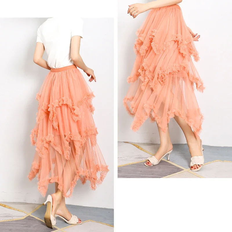 FANIECES Fluffy Ball Gown Party Long Tulle Skirt Women Aesthetic Irregular Mesh Cascade Tutu Skirts Fashion Faldas saia tule