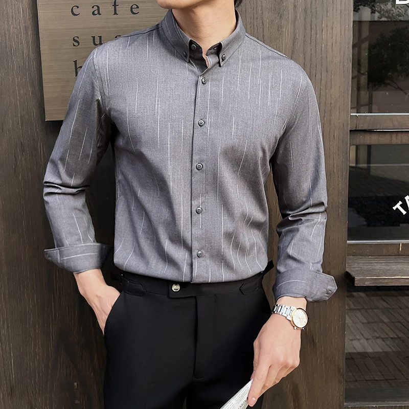 

Мужская рубашка с принтом в тонкую полоску, новинка 2025 года, однотонная повседневная эластичная рубашка с длинными рукавами в британском стиле, облегающая деловая классическая рубашка, мужская одежда