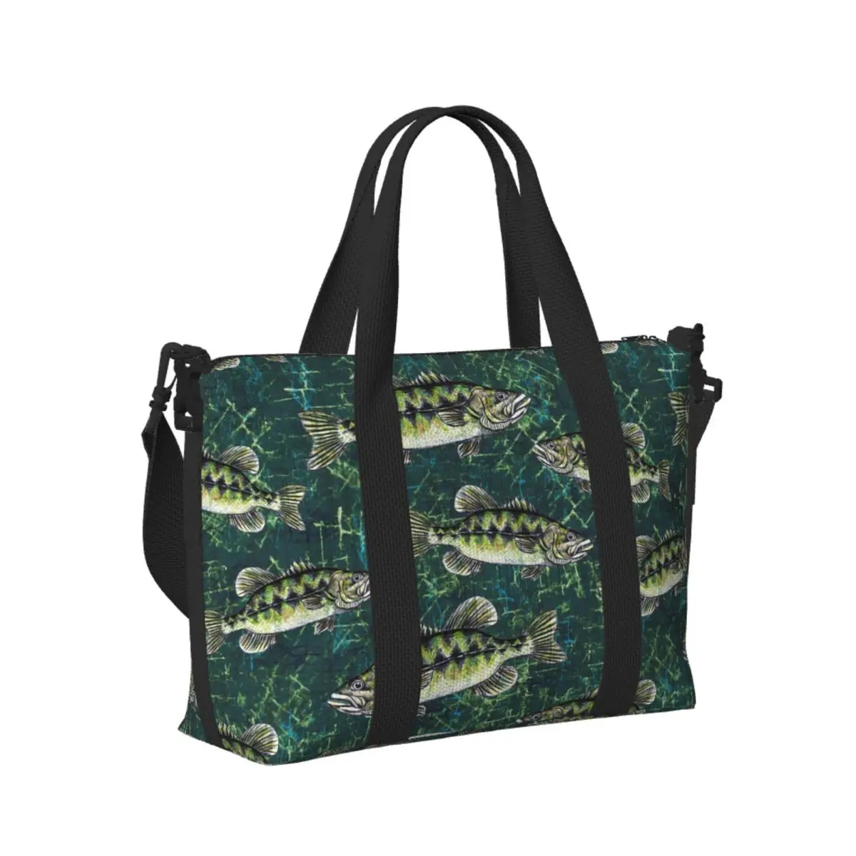 

Custom Largemouth Bass Camo Pattern Beach Travel Bag Large Capacity Tote Bags for Gym Sport Women Shopping Duffle Shoulder Bag