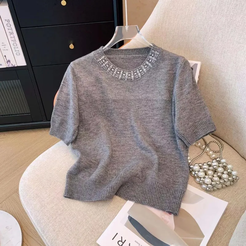 

Diamonds Sweater For Women Stylish Vintage Elegant Pullover Crop Tops 2024 New Summer Short Sleeve O-neck Jumper Ladies Knitwear