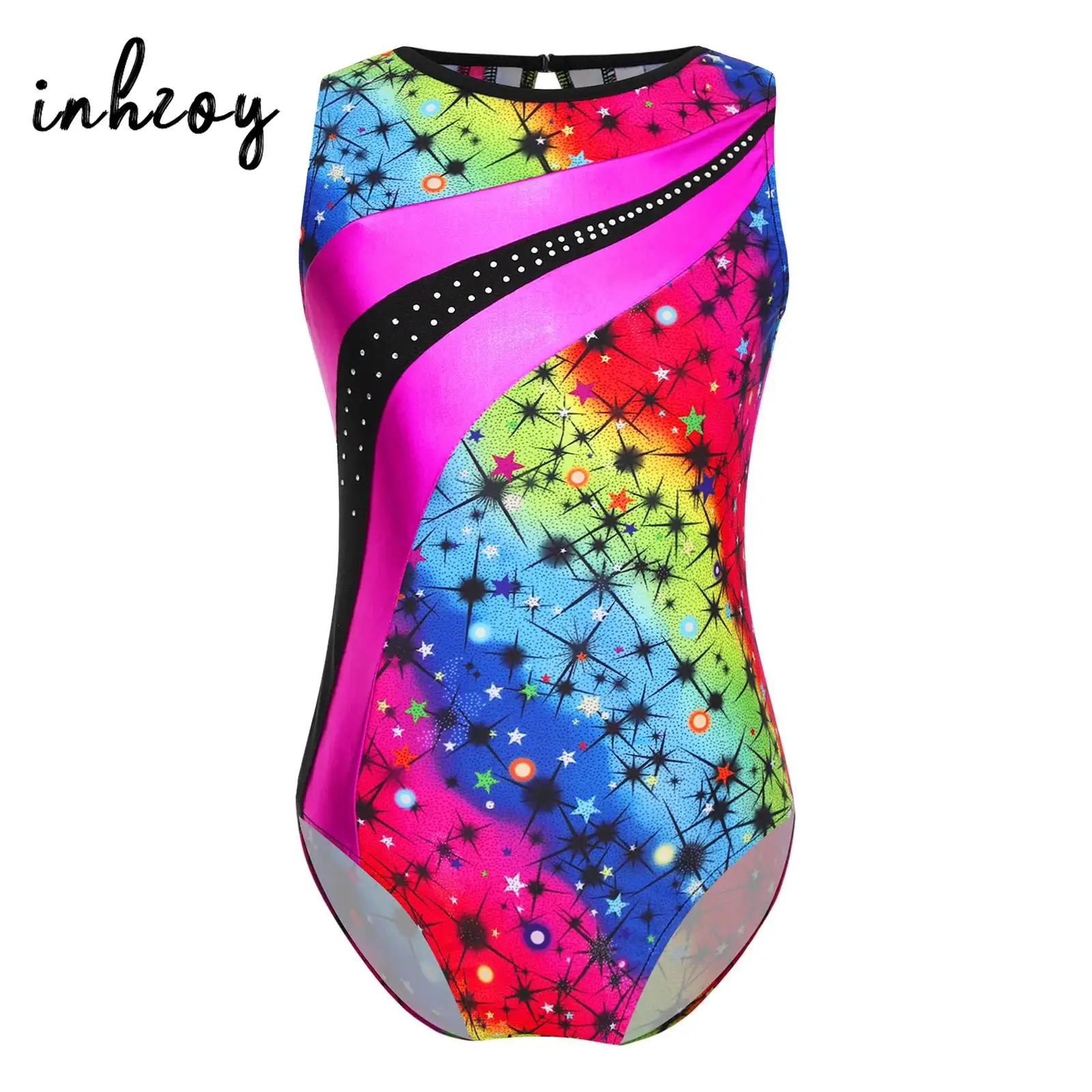 Girls Ballet Gymnastics Leotard Shiny Rhinestone Sleeveless Printed Dance Leotard Bodysuit Yoga Dancing Skating Jumpsuit Costume