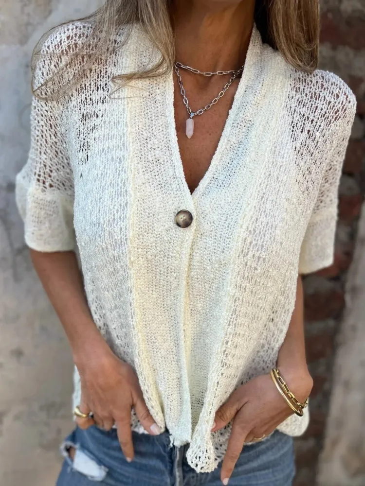 Elegancka damska bluzka na lato 2025 z dekoltem w serek, zapinana na jeden guzik, codzienna, wakacyjna, gładka, modna damska bluzka z krótkim rękawem, ażurowy kardigan.