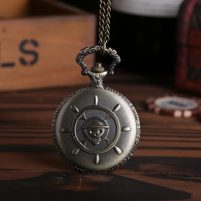 Cartoon Anime Theme Pirates Skull Pattern Quartz Pocket Watch Vintage with Pendant Necklace Men's and Children's Gift