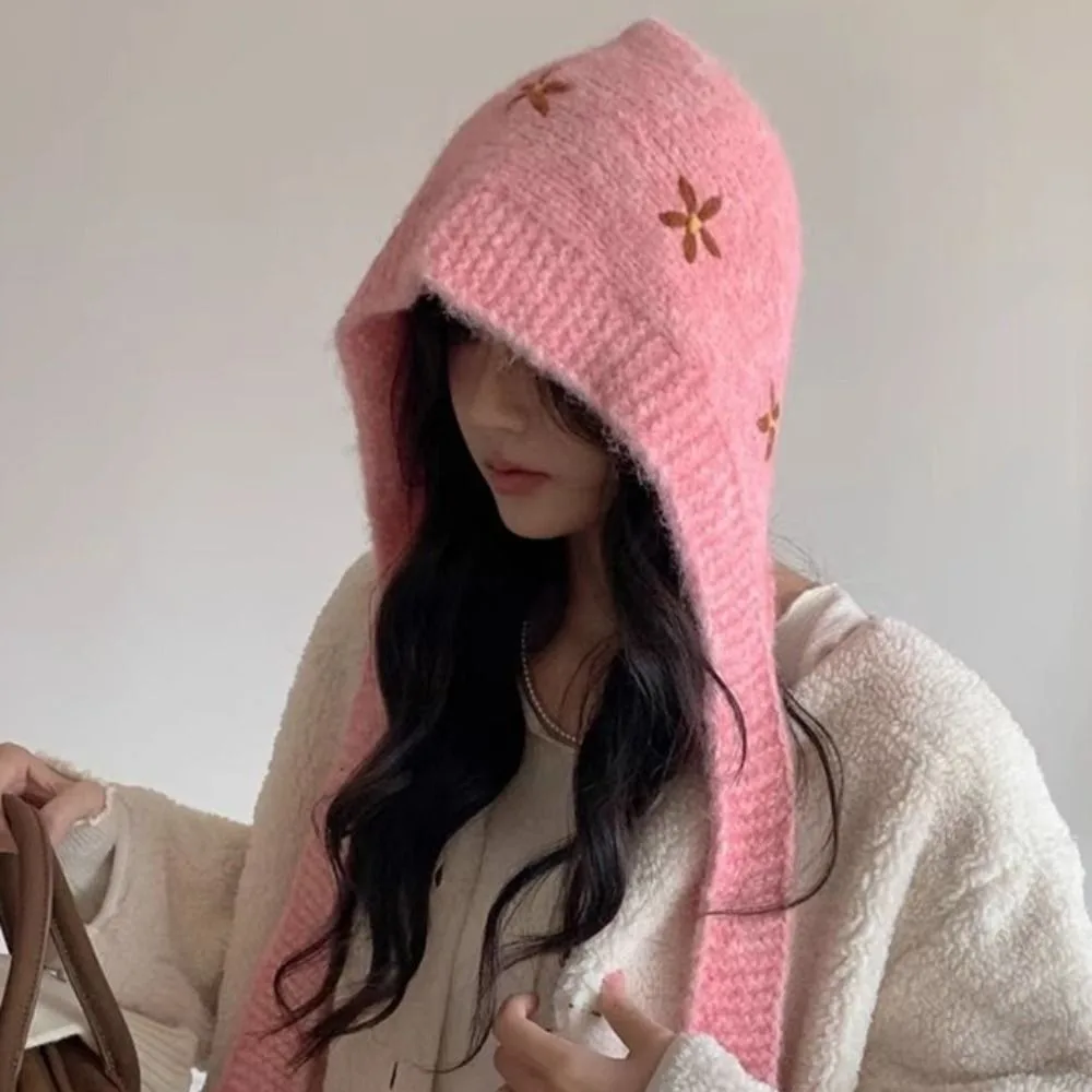 

Fashion Sweet Knitted Balaclava Hat Woolen Embroidered Flowers Neck Collar Beanies Cap Keep Warm Polyester Pullover Cap Winter