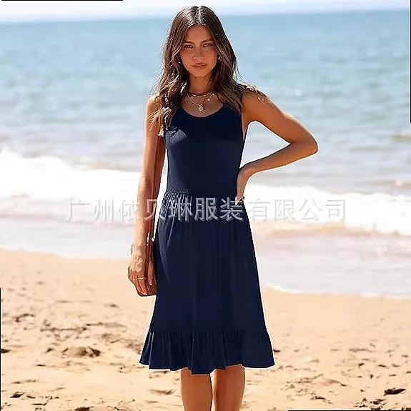 Women's Summer Tank Dress Casual Ruffle Hem Knee Length Dresses Jumpsuit Playsuit view 2