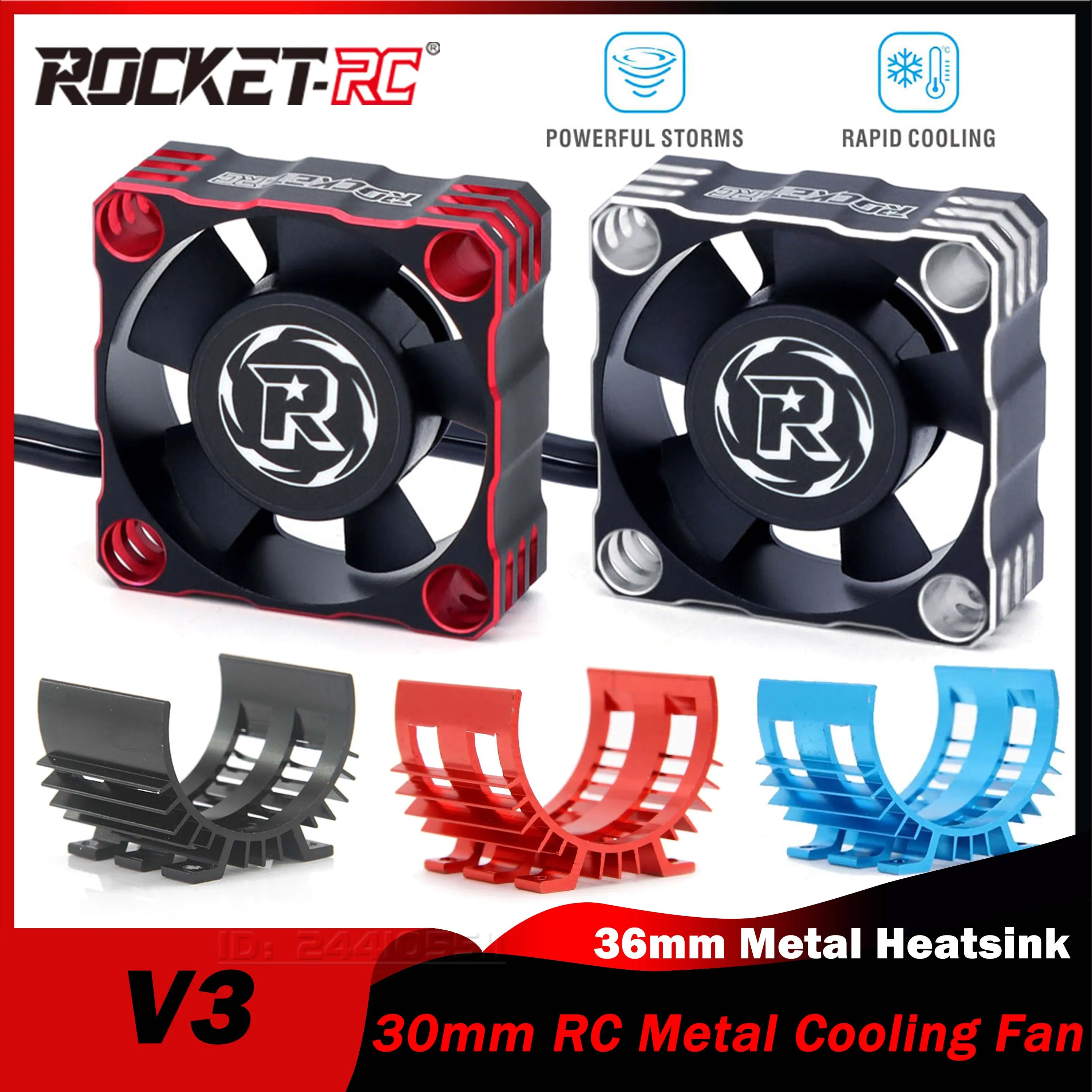 Rocket-RC 30mm V3 Metal Cooling Fan 8.4V 30000RPM JST Plug Heatsink Holder Cover for RC Car Φ36mm Brushless Motor 3650 3660 3670