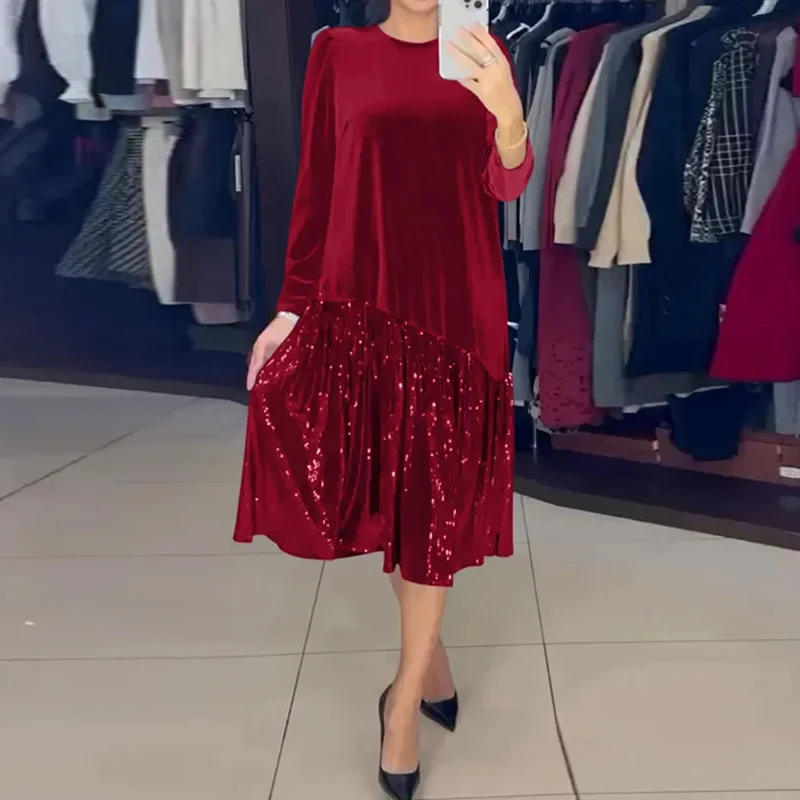 Abiti da sera con paillettes impiombate in velluto solido autunnale Abito da donna elegante con scollo a O lungo pullover Abito invernale con orlo a maniche lunghe