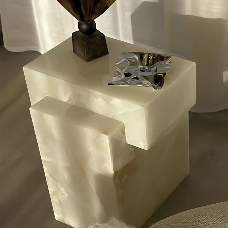 

Luxury White Marble Side Table -Square Movable End Table, Natural Jade Stone Nightstand for Sofa Living Room & Bedroom Decor