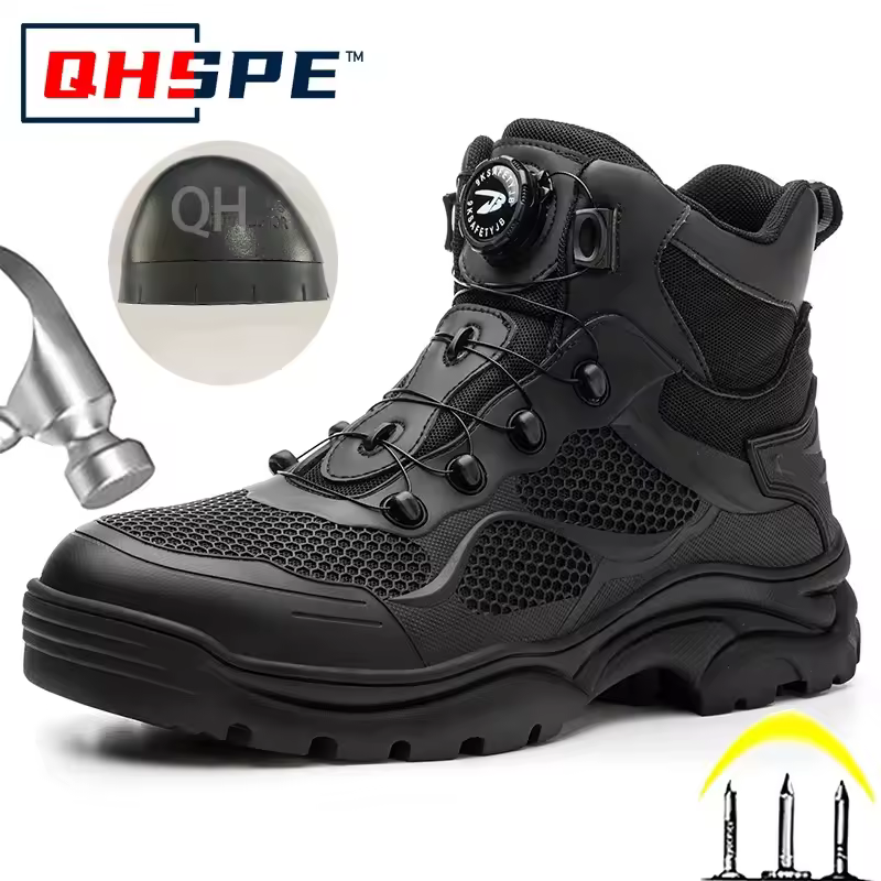Men's Safety Work Boots Steel Toe Breathable Indestructible Puncture-Proof Rotary Buckle Shoes Comfortable Brand Work Footwear