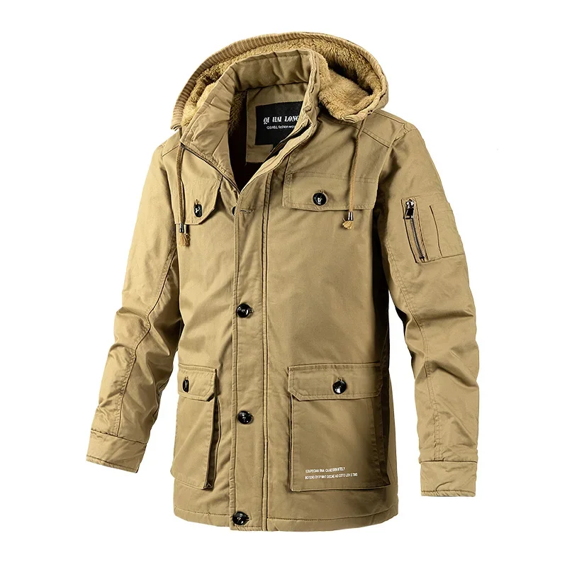 Parka à prova de vento masculino, jaqueta militar com capuz quente, campo cáqui sólido, moda masculina, vintage tático, outono, inverno, 2024