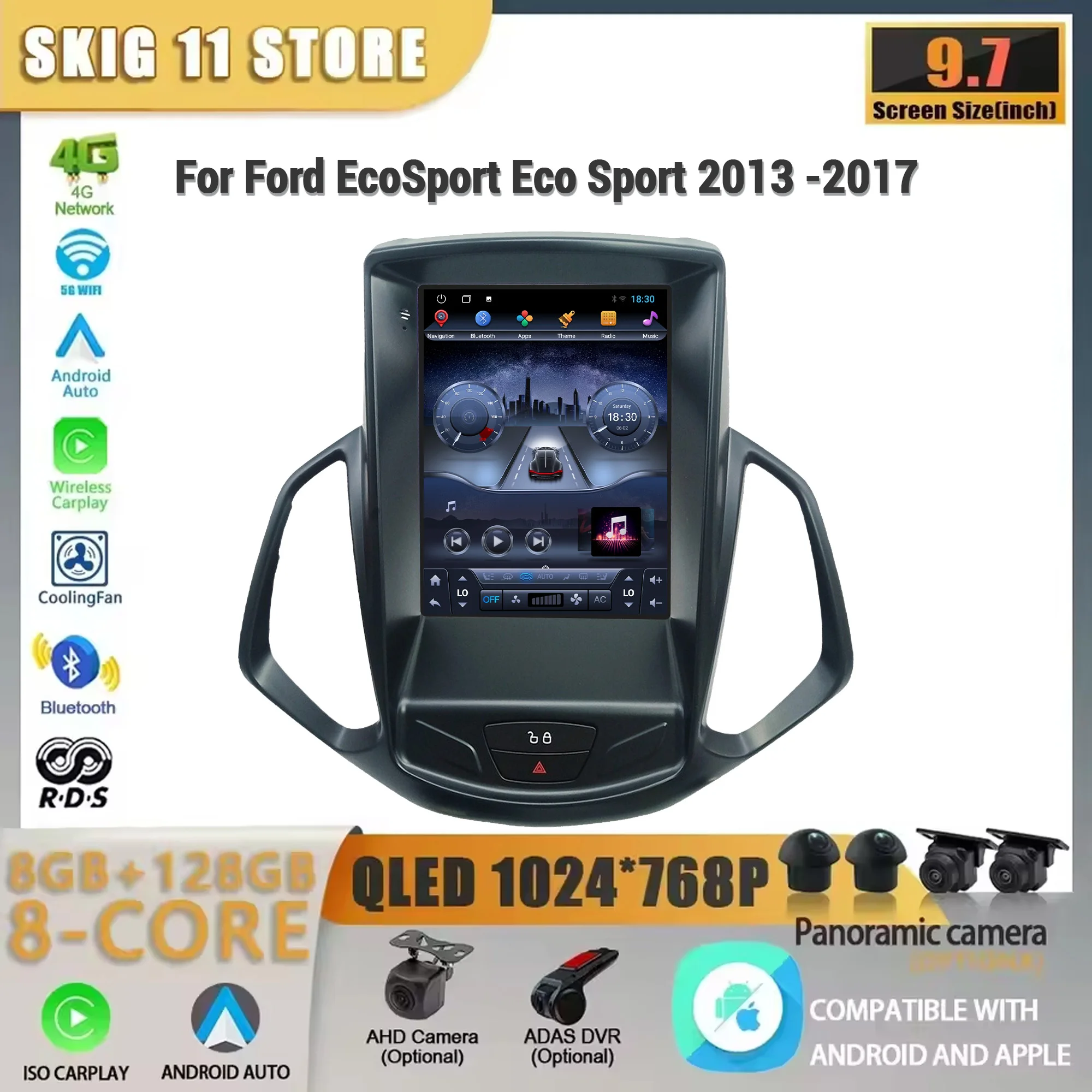 

9.7inch For Ford EcoSport Eco Sport 2013-2017 Car Wireless Carplay Radio Android 14 Multimedia 4G GPS Navigation Screen Stereo