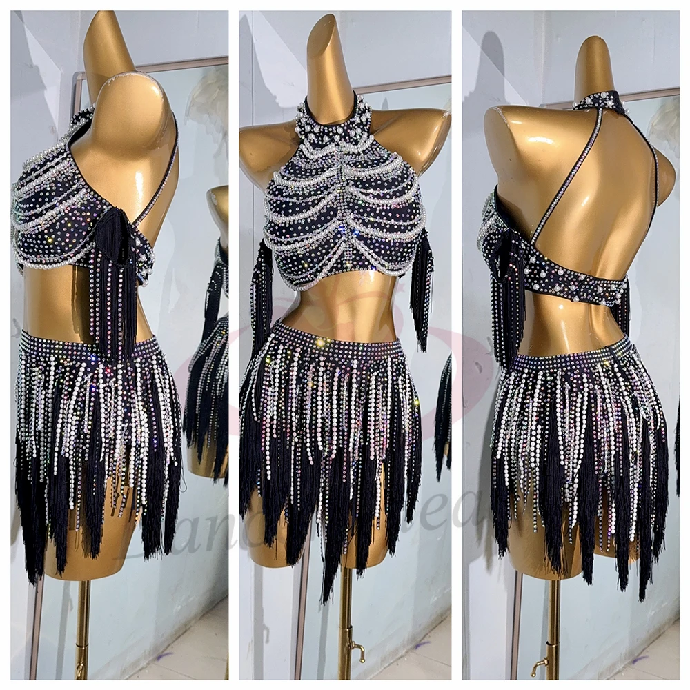 Dança latina adulto crianças vestido ab pedra high-end personalizado preto e branco borla tango roupas profissionais femininas