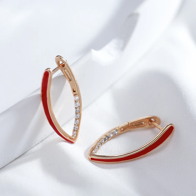 Kinel New Fashion 585 Rose Gold Color Red Enamel Drop Earrings For Women Girl Wedding Party Natural Zircon Eardrop Jewelry