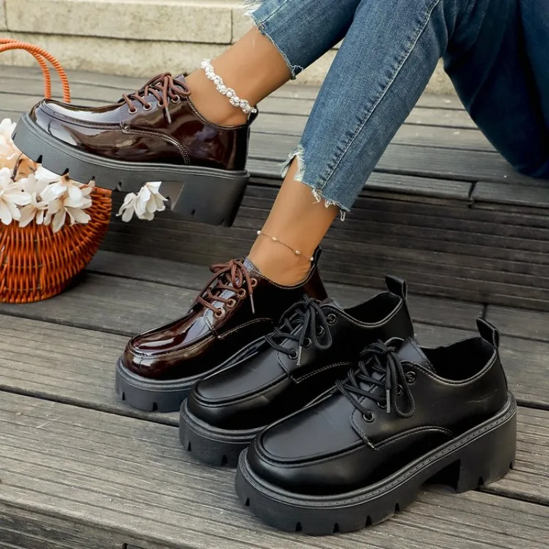 Women's Leather Shoes Solid Color Glossy Finish Versatile Fashionable Retro Lolita Style Spring Autumn Two-piece Casual Loafers