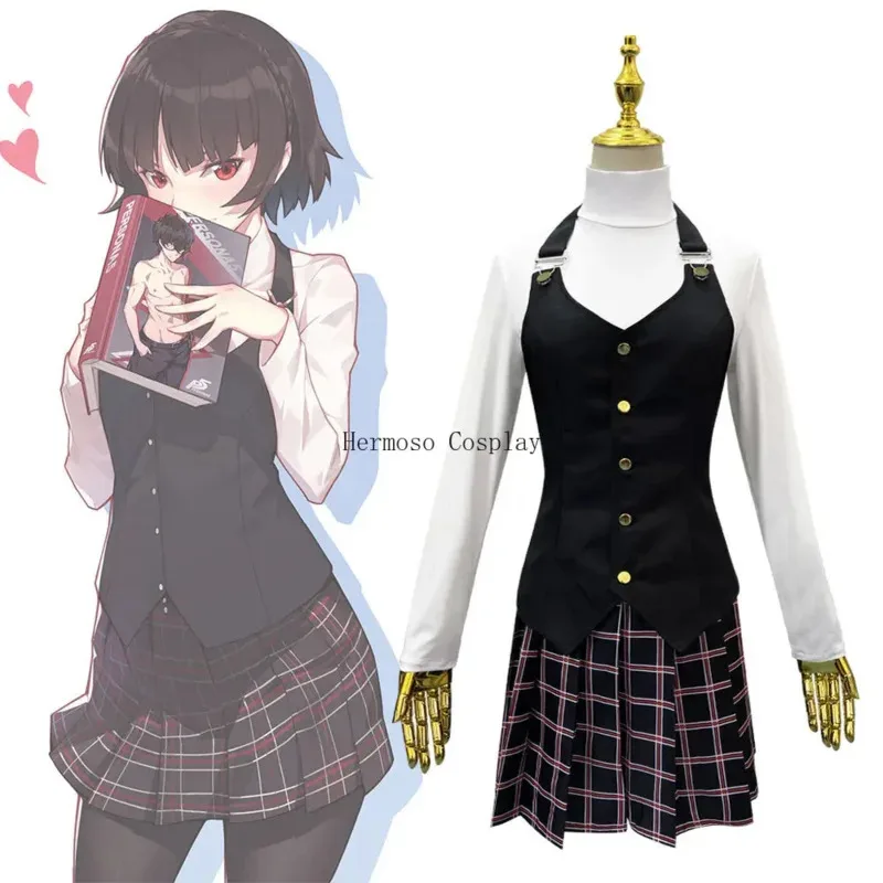 Makoto niijima cosplay anime traje pessoa cosplay manga longa malha superior impresso saia meias colete peruca uniforme escolar conjunto