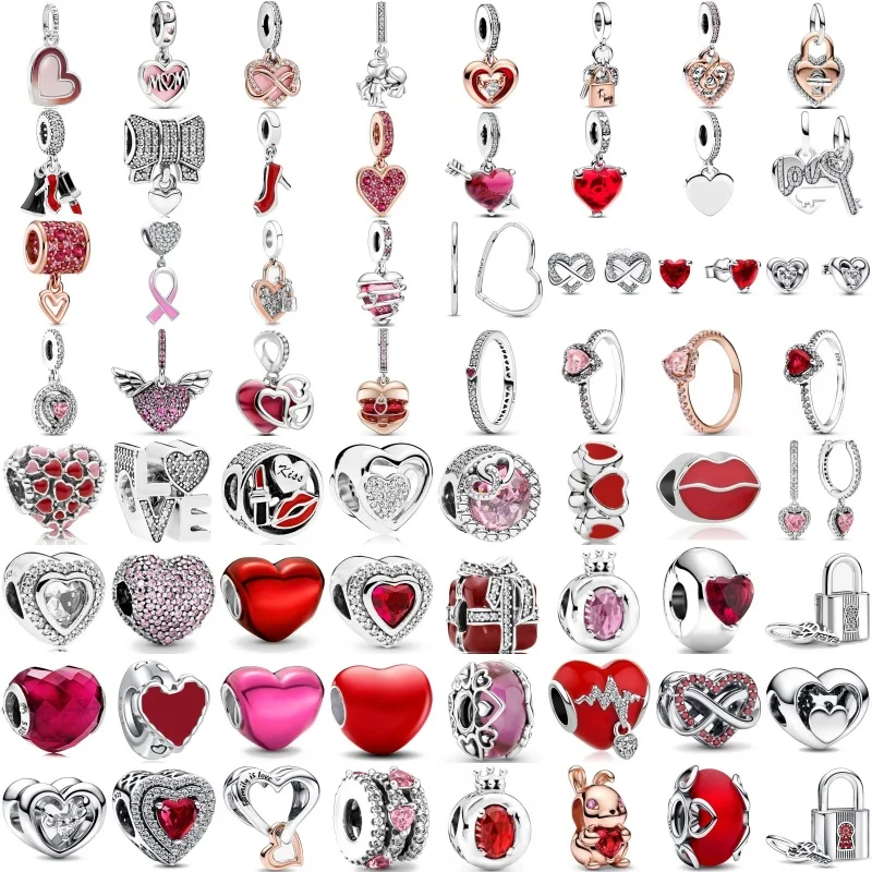 2024 New Valentine's Day Gift Red Pink Heart Clip Bead For Original 925 Sterling Silver Plated Bracelet For Women Jewelry