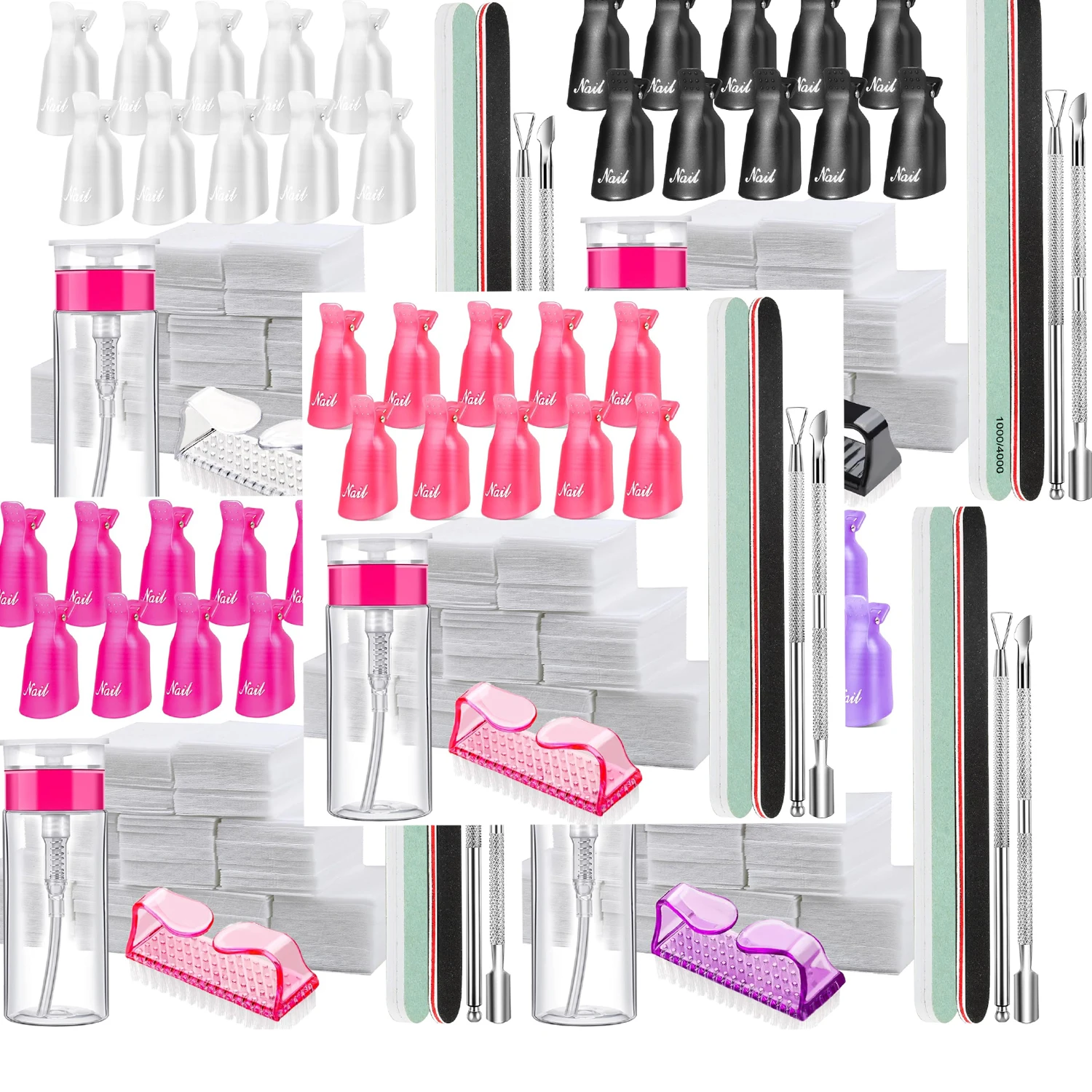 Nail Polish Remover Clips Tools Kit Cleaner Including Pump Bottle Cotton Pad Brush Cuticle Pusher Nail File Buffer Block