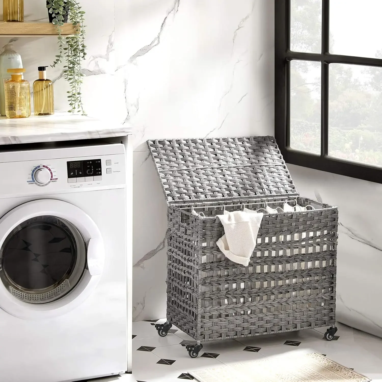 Laundry Hamper with Lid, 140L Synthetic Rattan Laundry Basket with Wheels, Clothes Hamper with 3 Removable Liner Bags,