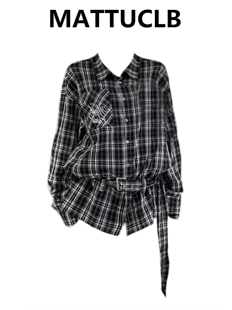 

Summer Women American Vintage Y2k Plaid Shirts Long Sleeve Preppy Embroidery Design Blouses Office Korean Fashion 2000s Harajuku
